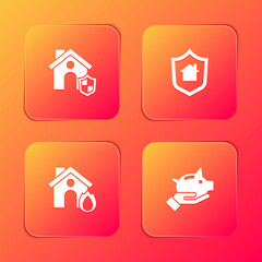 Set House with shield, , Fire in burning house and Piggy bank icon. Vector.
