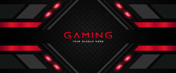 Futuristic red and black abstract gaming banner design template with metal technology concept. Vector illustration for business corporate promotion, game header social media, live streaming background