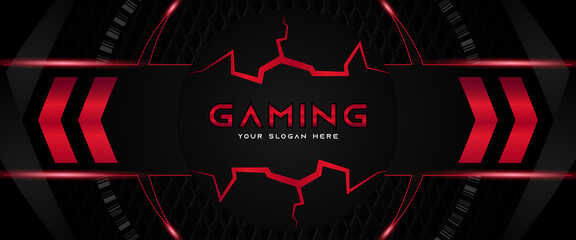 Futuristic red and black abstract gaming banner design template with metal technology concept. Vector illustration for business corporate promotion, game header social media, live streaming background © Majri