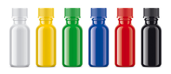 Set of colored non-transparent pharmaceuticals bottles. 