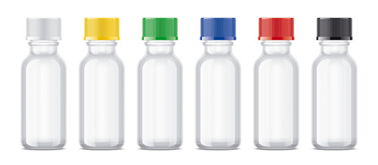 Set of pharmaceuticals bottles with colored caps. 