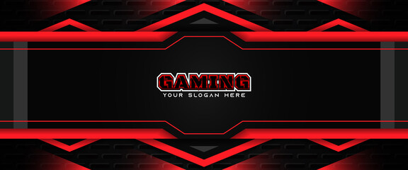 Futuristic red and black abstract gaming banner design template with metal technology concept. Vector illustration for business corporate promotion, game header social media, live streaming background