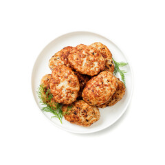 Juicy homemade cutlets with beef, pork or chicken meat isolated on white background.  top view