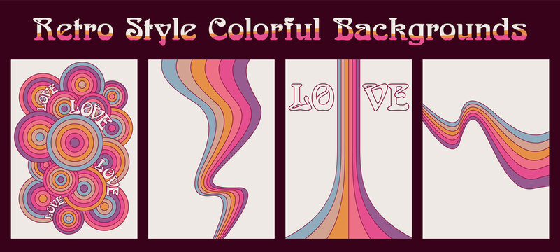 Retro Style Colorful Backgrounds, Vintage Color Wavy Lines And Circles