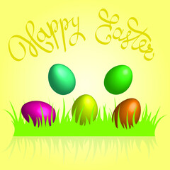 Easter eggs 3d in shiny bright colors on the grass, vector drawing for the design of a postcard for a spring holiday. Happy Easter, fun weekend with colorful patterns, April or May is a holiday.