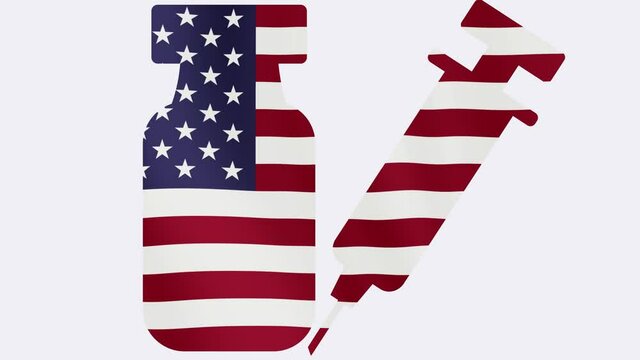 USA to launch COVID-19 vaccination campaign. Coronavirus vaccine vial and flag of USA. Fighting the epidemic. Research and creation of a vaccine. Seamless loop video.