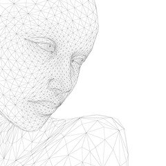 Wireframe of girl face from black lines isolated on white background. 3D. Vector illustration