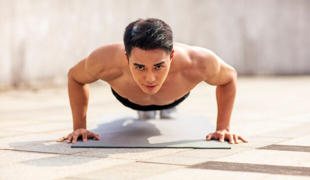 Fitness Asian Young Handsome Man Doing Push Ups Exercise