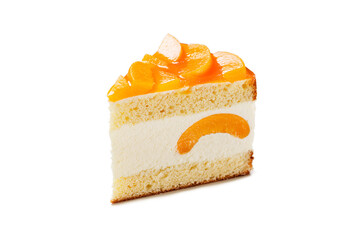 Layered cheesecake piece with peaches isolated on  white background. - 413753124