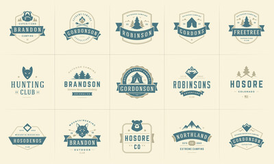 Camping logos and badges templates vector design elements and silhouettes set