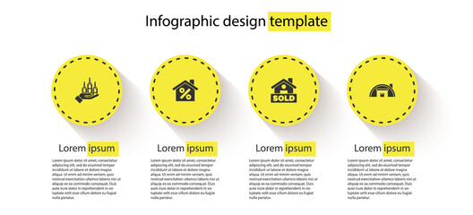 Set Skyscraper, House with percant discount, Hanging sign text Sold and Warehouse. Business infographic template. Vector.