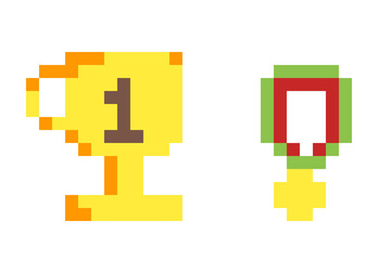 Obraz premium Pixel art: a golden cup and a medal (prizes for a competition). 
