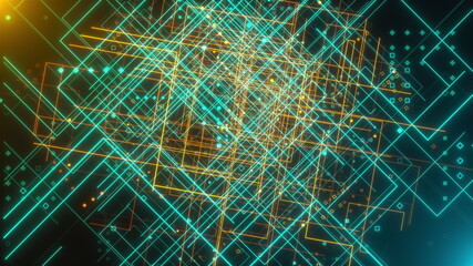 Spase with thin technology grids and little geometric particles, computer generated. 3d render digital backdrop