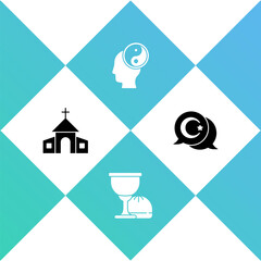 Set Church building, Holy grail or chalice, Yin Yang and Star and crescent icon. Vector.