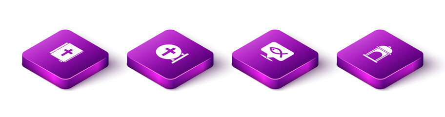 Set Isometric Holy bible book, Christian cross, fish and Muslim Mosque icon. Vector.