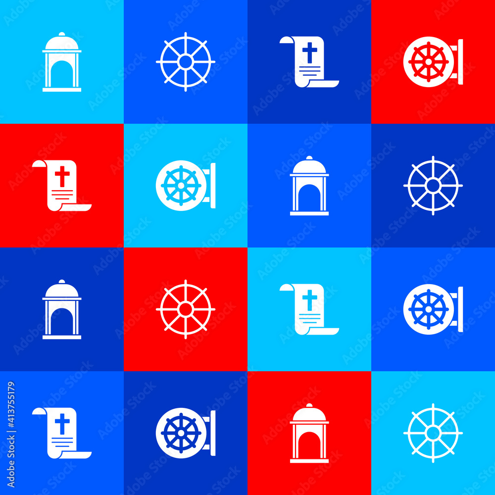 Sticker Set Muslim Mosque, Dharma wheel, Decree, paper, parchment, scroll and icon. Vector.