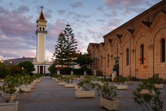 Sunset at St Dionysos church in Zakynthos town, Greece.