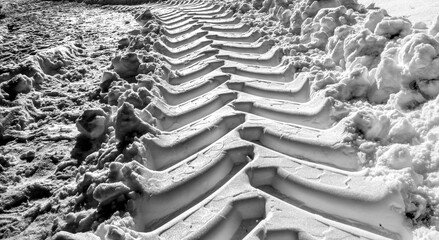 Wide deepened tracks from tractor tires in fresh soft white snow with high contrast
