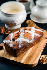 Homemade banana bread with jam and copy space.