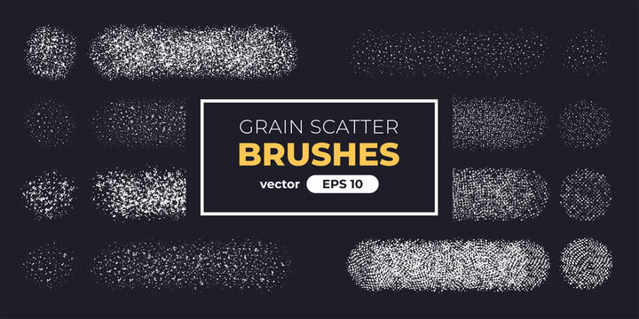 Halftone grain scatter brushes set. Noise vanishing. Grunge texture. Vector illustration eps10. Spray dots. Creative artistic brush collection. Basic kit. Ink paint strokes.