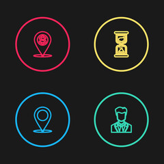 Set line Map pin, User of man business suit, Old hourglass and Cash location icon. Vector.