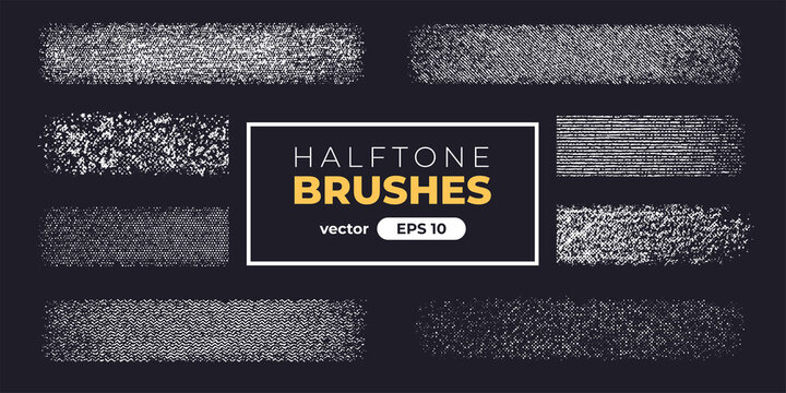 Halftone grain brushes. Grunge noise texture set. Vector illustration eps10. Creative artistic brush collection.