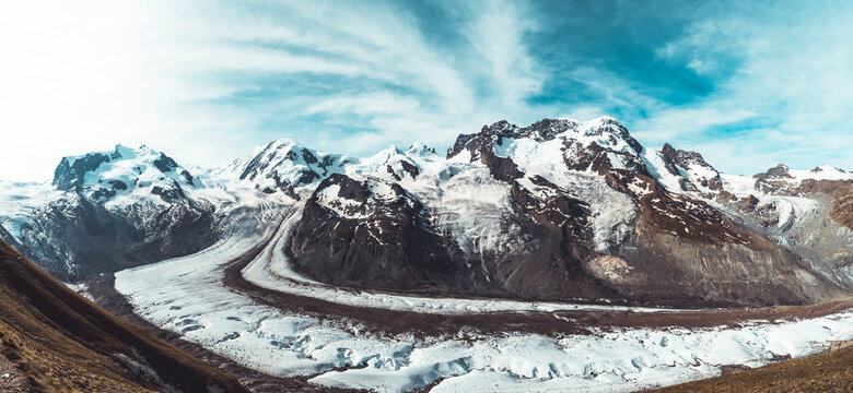 Panorama of glacier in front of 4000m peaks in Switzerland