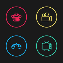 Set line Scales of justice, Television tv, Movie or Video camera and Shopping basket icon. Vector.