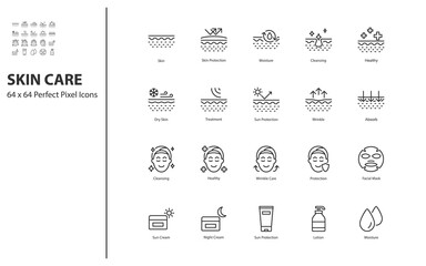 set of skin care thin line icons 64x64px, moisture, sunscreen, epidermis