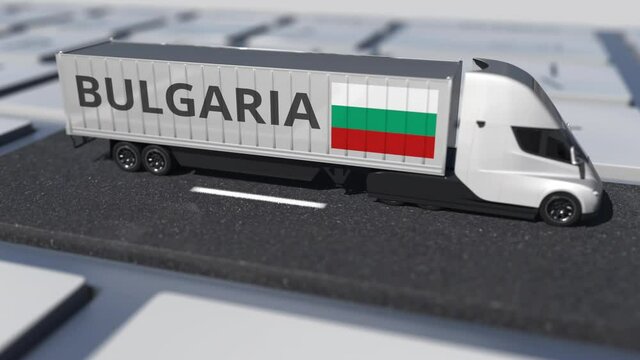 Flag of Bulgaria on moving truck and computer keyboard. International shipping related looping 3d animation