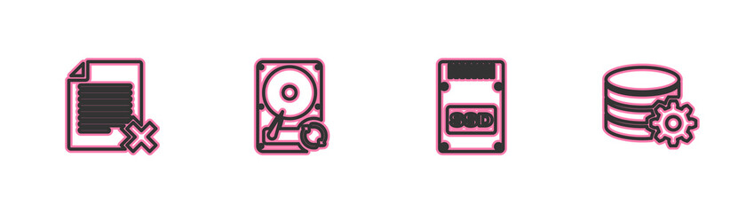 Set line Delete file document, SSD card, Hard disk drive HDD sync refresh and Setting database server icon. Vector.