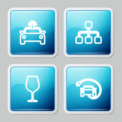 Set line Police car and flasher, Hierarchy organogram chart, Wine glass and Electric icon. Vector.