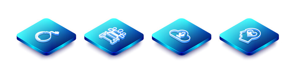 Set Isometric line Bomb ready to explode, Car sharing, Music streaming service and Head with heartbeat icon. Vector.