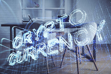 Double exposure of crypto technology theme drawing and office interior background. Concept of...