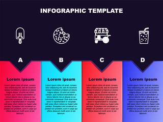 Set line Ice cream, Donut, Fast street food cart and Glass with water. Business infographic template. Vector.