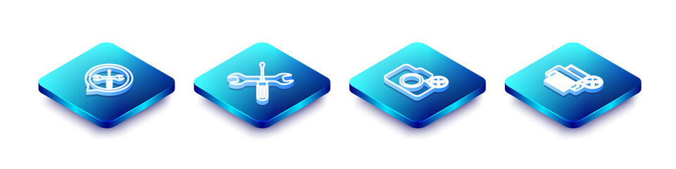 Set Isometric line Location service, Crossed screwdriver and wrench, Photo camera and Printer icon. Vector.