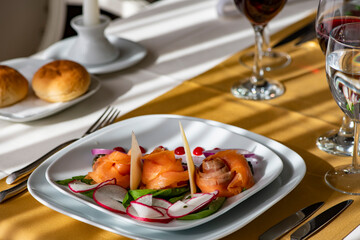Delicious pizza served on white table.