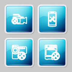 Set line Video camera service, Smartphone, and Oven icon. Vector.