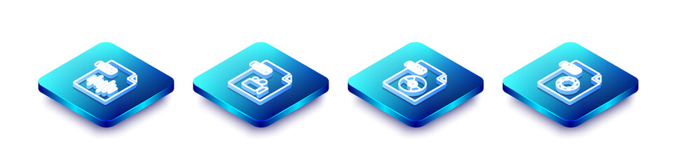 Set Isometric line WAV file document, MOV, WMA and RAW icon. Vector.