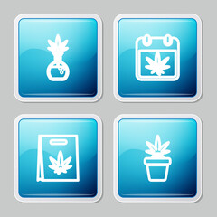 Set line Test tube with marijuana, Calendar and, Shopping bag of and Marijuana plant pot icon. Vector.