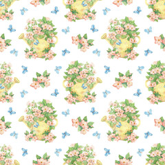 Fototapeta na wymiar Hand drawn seamless watercolor pattern with spring theme. Floral background with a bouquet in a yellow watering can and butterflies. Texture for fabrics, textiles, stationery, prints, packaging, etc.