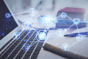 Double exposure of social network drawing and desktop with coffee and items on table background. Concept of international connection.