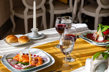 Delicious pizza served on white table.