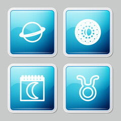 Set line Planet Saturn, Astrology horoscope circle, Moon phases calendar and Taurus zodiac icon. Vector.