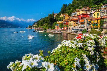 Varenna resort with colorful houses and boats on the lake