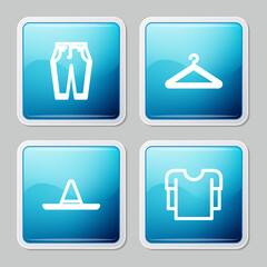 Set line Pants, Hanger wardrobe, Gardener worker hat and Long sleeve shirt icon. Vector.