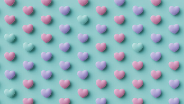Multicolored Heart background. Valentine Wallpaper with Pink, Violet and Turquoise love hearts. 3D Render 