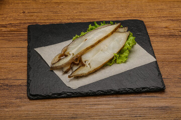 Delicous smoked halibut slices snack