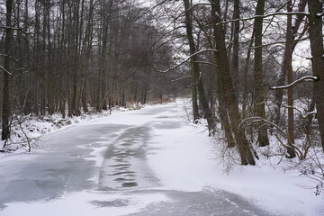 Zugefrorener und schneebedeckter Fluss im Wald (Spree, Spreewald)