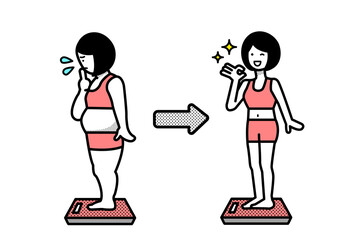 体重計に乗っているダイエットに成功した女性のビフォーアフターイラスト